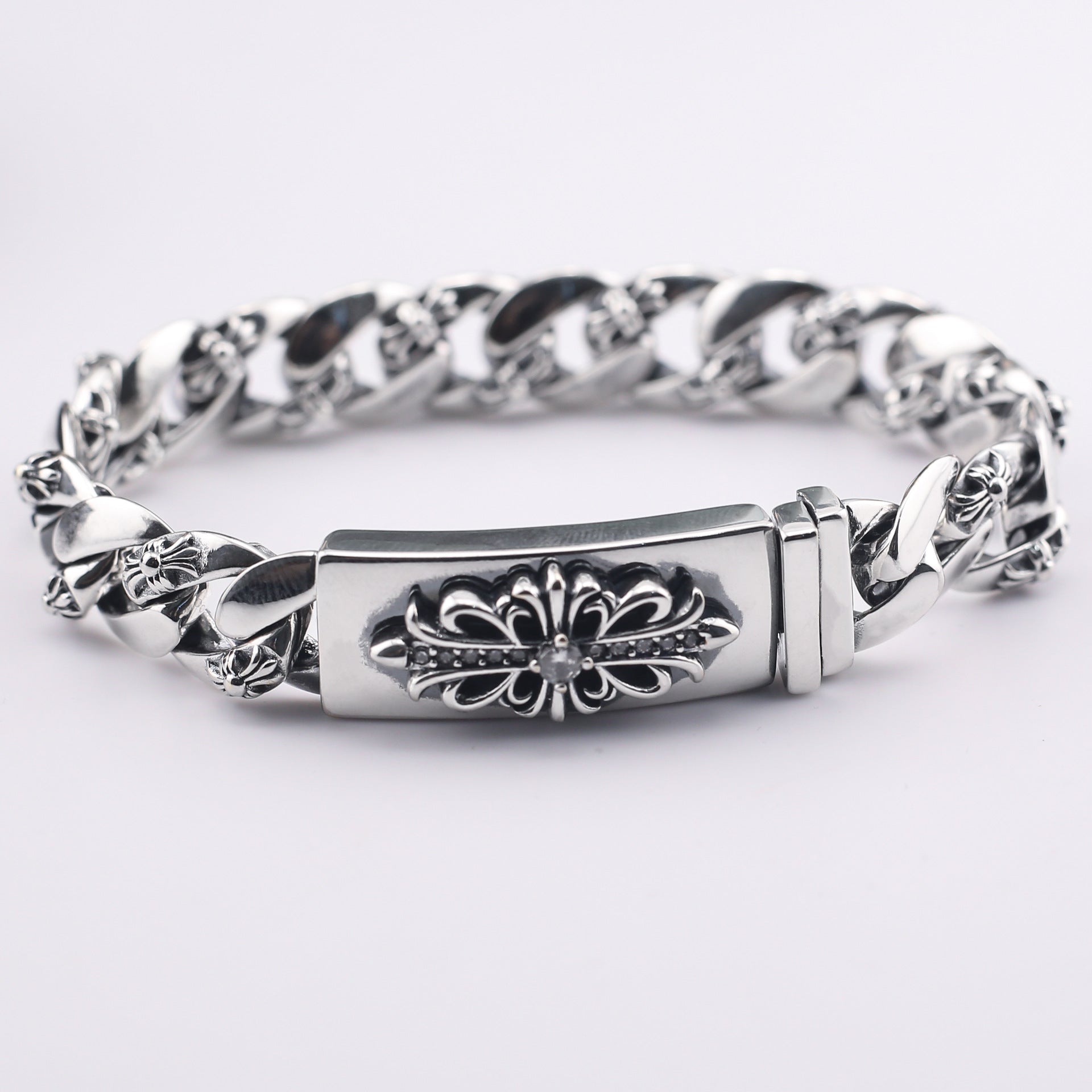 chrome hearts 925 Sterling silver Floral Cross Diamond ID Bracelet